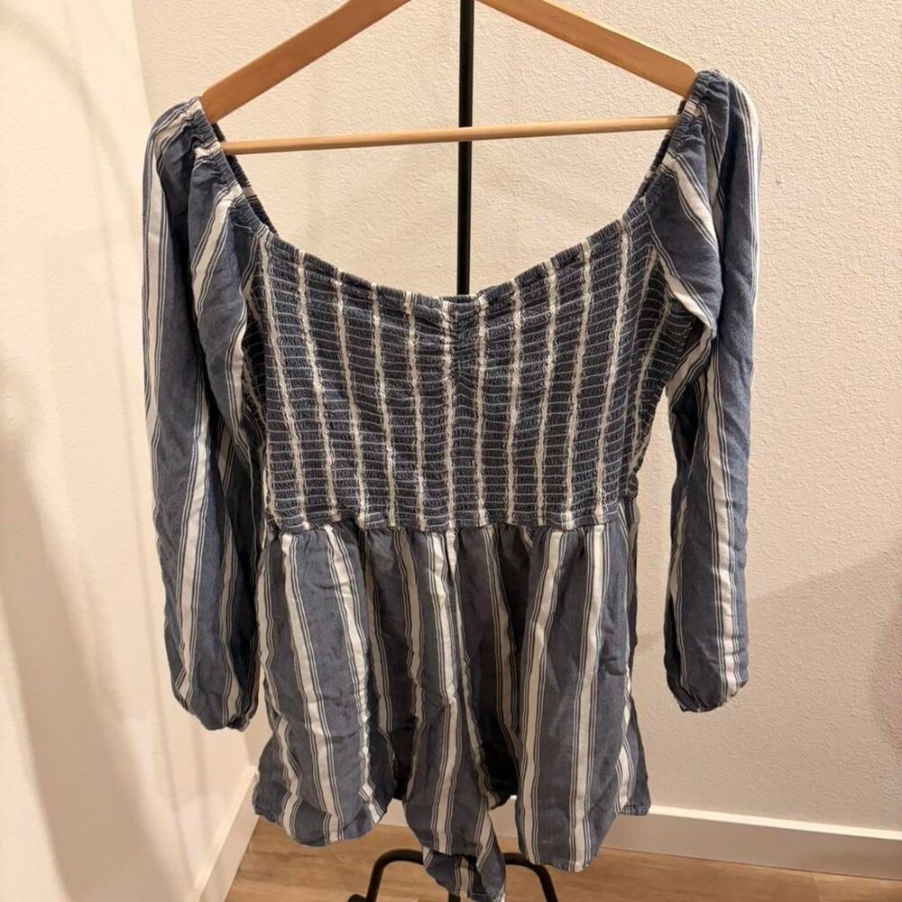 Hollister Blue White Striped Smocked Off-Shoulder Romper XL Coastal